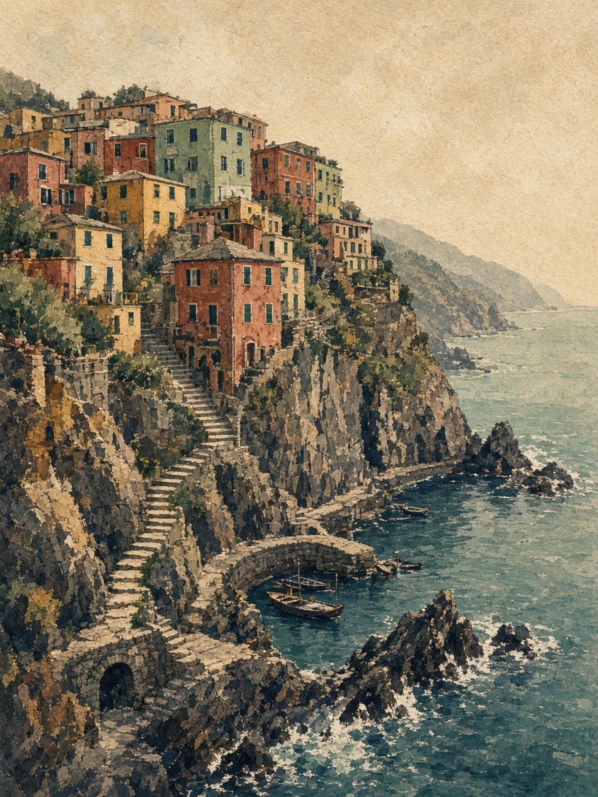 Illustrazione di un borgo ligure sulle rocce, con scale che scendono verso il mare