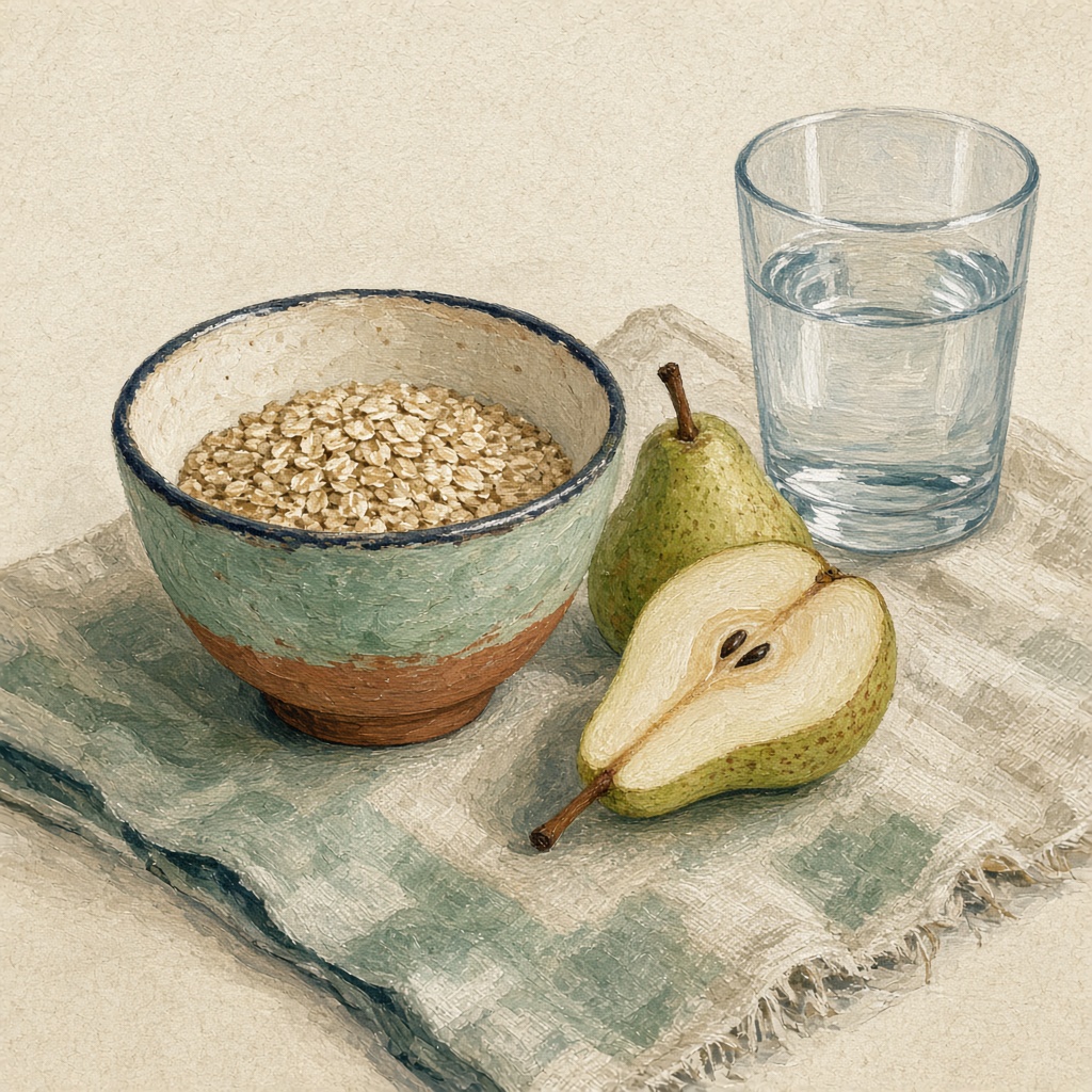 Illustrazione di avena, pera e un bicchiere d’acqua
