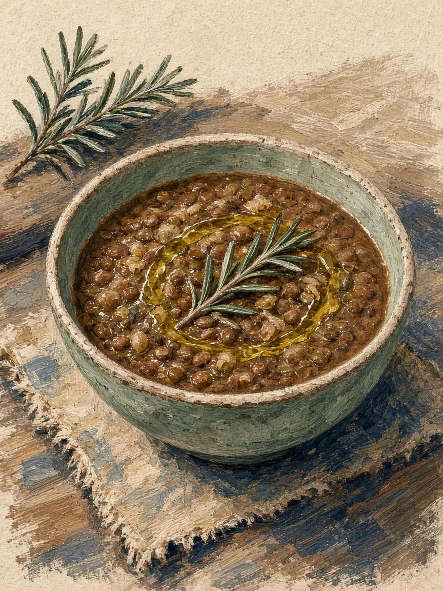 Illustrazione di una ciotola di zuppa di lenticchie e rosmarino