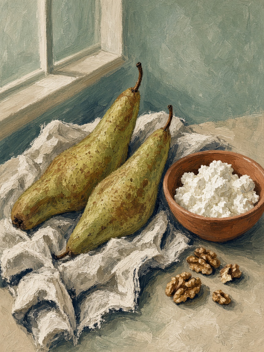 Illustrazione di pere Abate, ricotta e noci