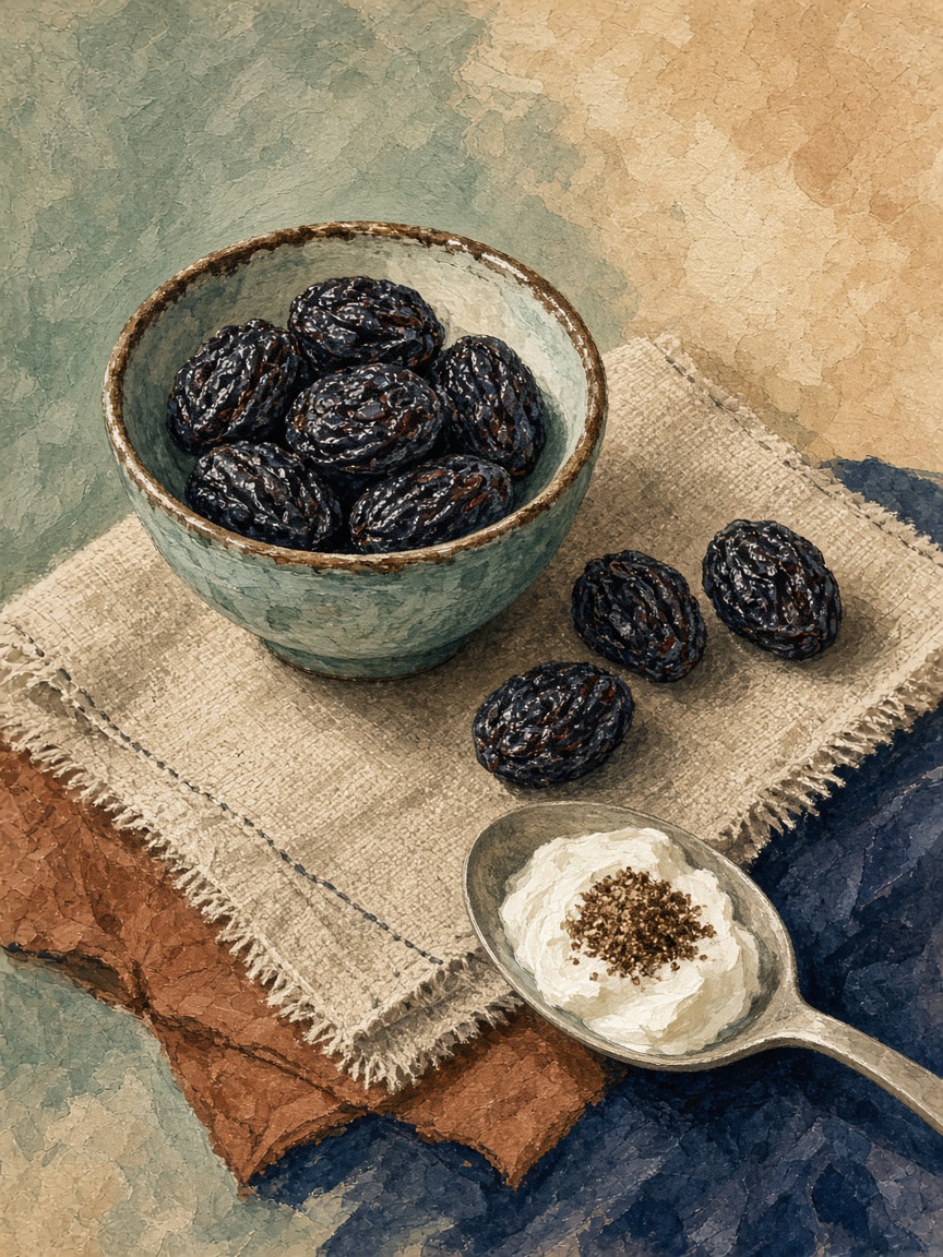 Illustrazione di prugne secche in una ciotola, con yogurt e semi di lino