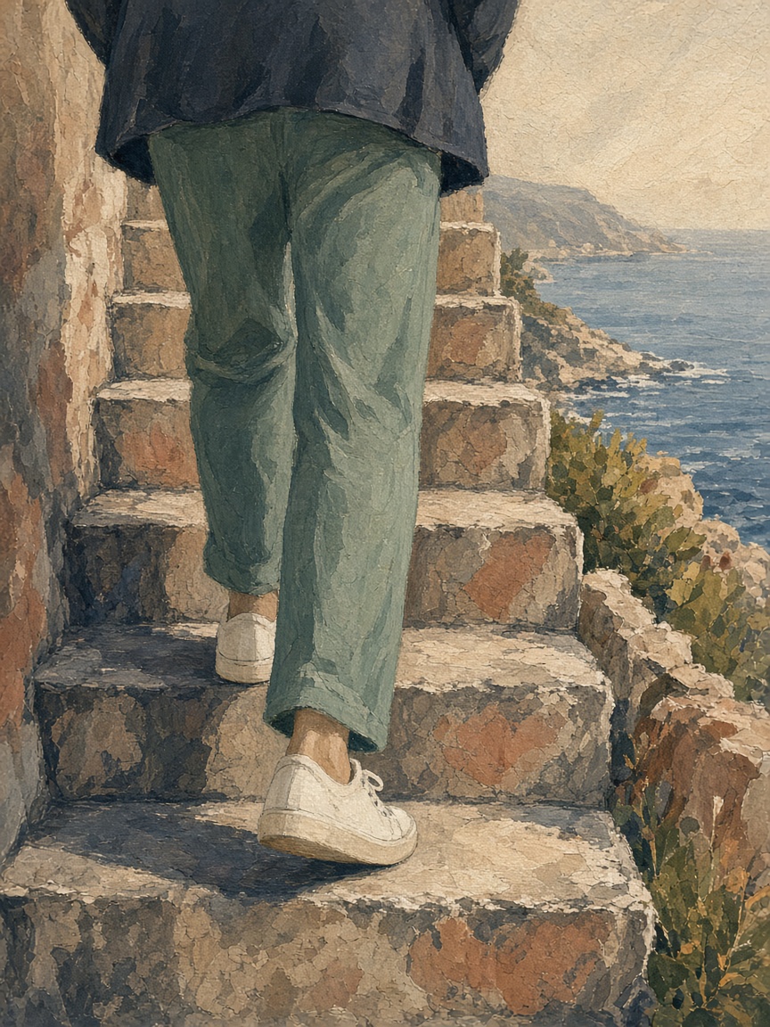 Illustrazione di una persona che sale con calma una scala di pietra verso il mare