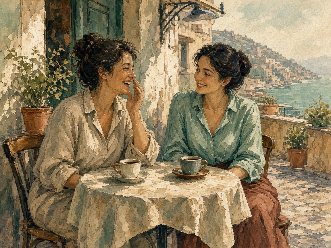 Illustrazione di due donne che ridono a un tavolino all’aperto