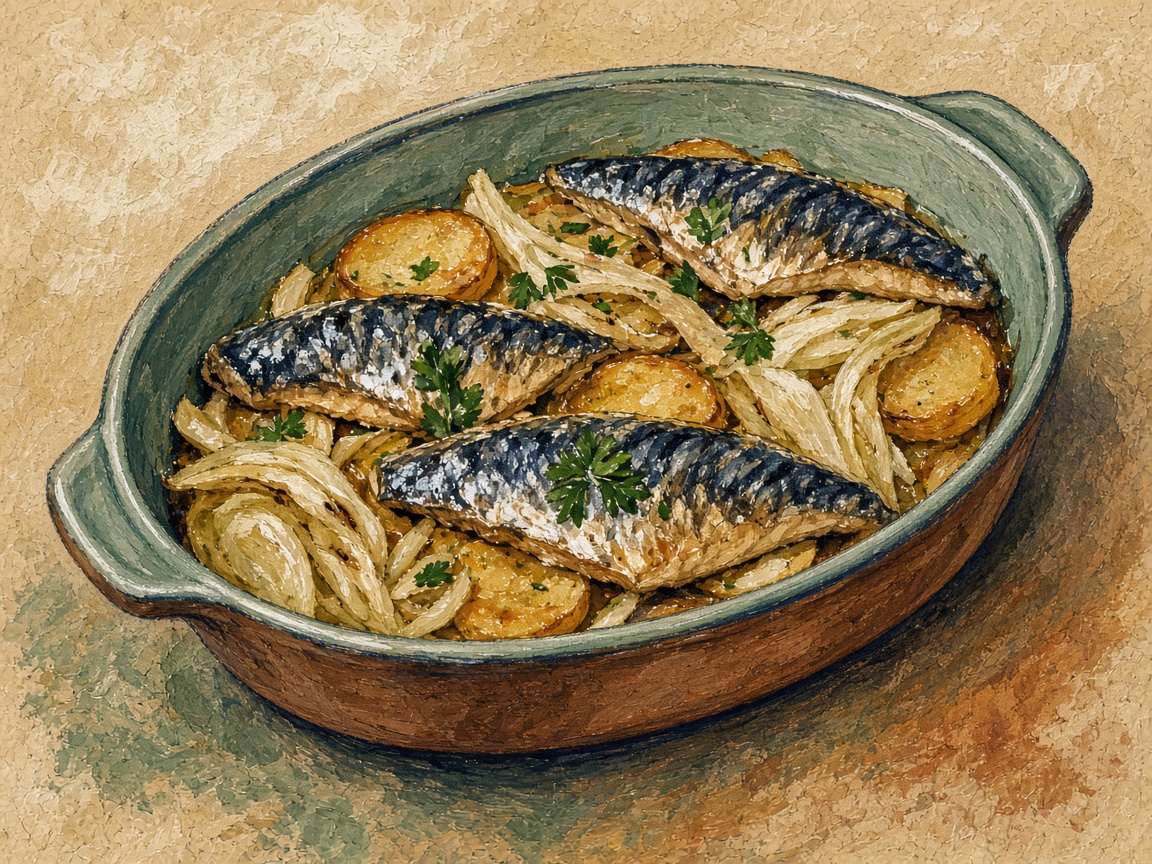 Illustrazione di sgombro al forno con finocchi e patate