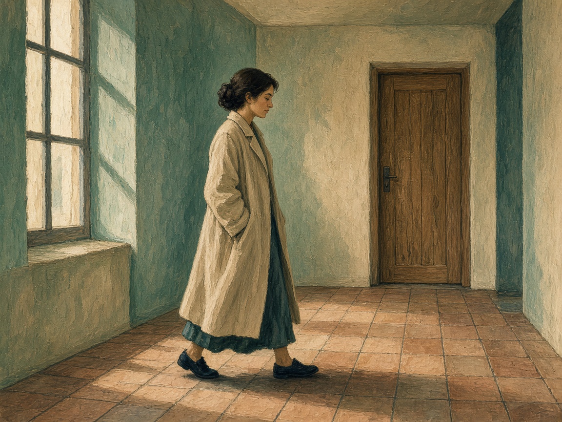 Illustrazione di una donna che cammina con calma verso una porta in fondo a un corridoio