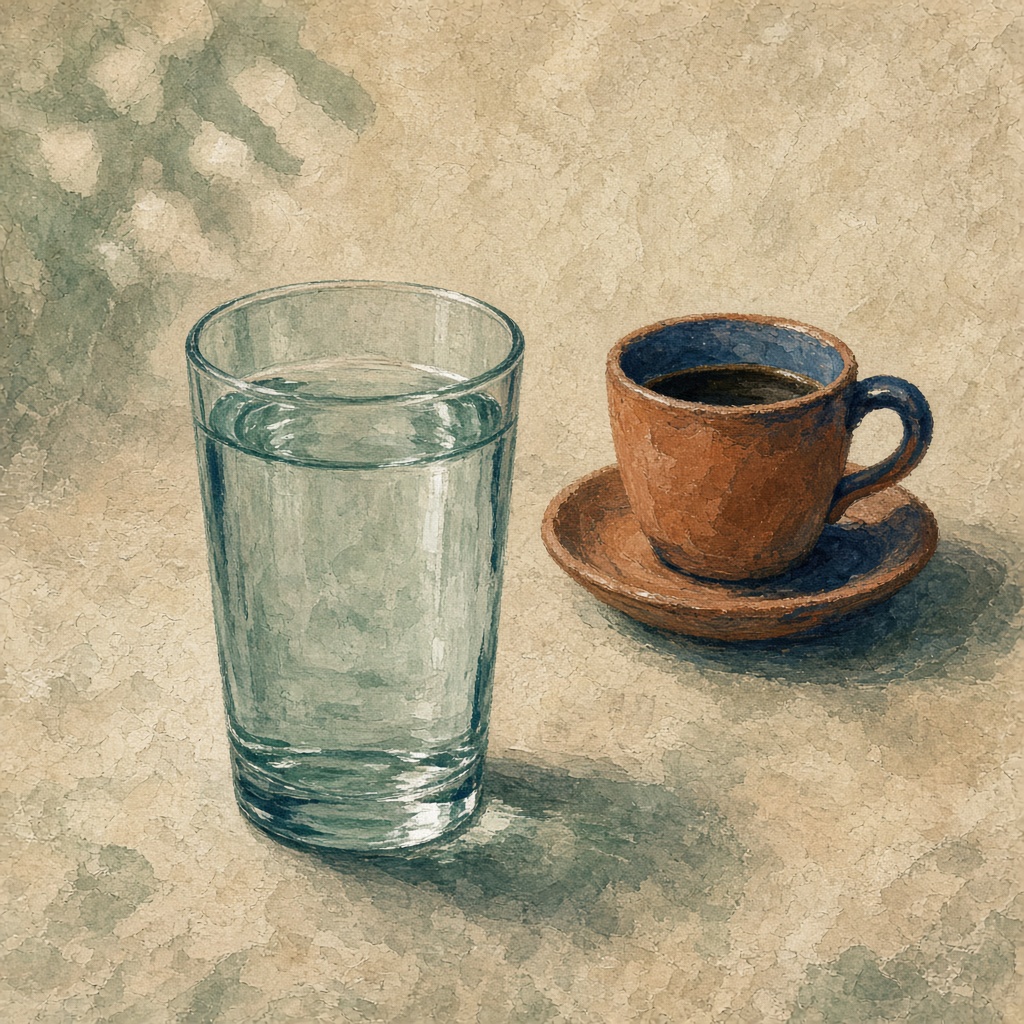 Illustrazione di un bicchiere d’acqua accanto a una tazzina di caffè