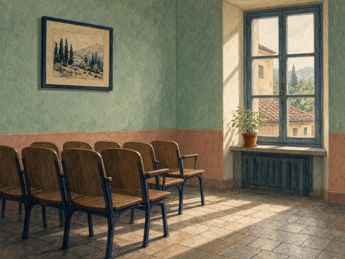 Illustrazione di una sala d’attesa con sedie di legno e una finestra